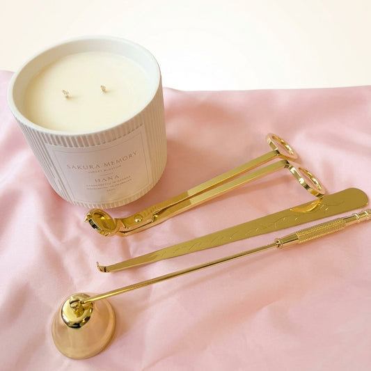 Ceramic Candle & Care Set | Japanese Soy Candle with Gold Wick Trimmer, Snuffer & Dipper